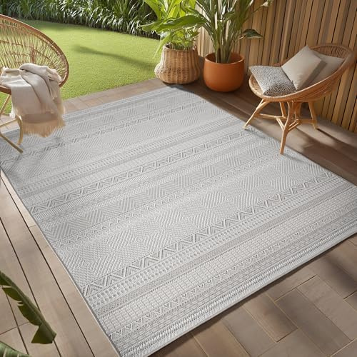 Teppium Outdoor Teppich Grau 280x370 cm, Wetterfest & UV-beständig, ideal für Küche, Balkon, Terrasse, Garten auch Wohnzimmer und Esszimmer, Skandinavisches Boho-Design
