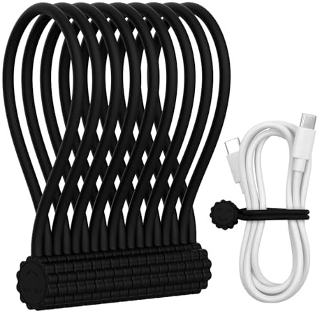 Rich&Ray Magnetic Reusable Silicone Cable Ties, Phone Cord Holder, Magnetic Cable Ties for Headphone Cables, Charging Cable Organizer, Book Markers, Hanging Stuff (Silicone Twist Ties 9Pack-Black)
