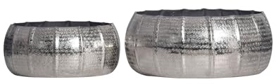 FineBuy Pflanzgefäß 2er Set Aluminium Silber Rund, Pflanzkübel | Dekoschale für innen, handgefertigte Schale punziert und handgefertigt, Übertopf Set für Wohnzimmer und Esstisch