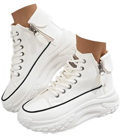 Xbemkste fritidsskor, dam, höga toppar, platåskor med dragkedja, snygga snörskor, bekväma promenadskor, sneakers, damskor med platå, Vit, 37 EU