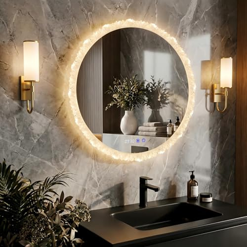 YU YUSING Badezimmerspiegel LED Rund in Blumendesign, 60x60cm Badspiegel mit Beleuchtung Acrylrahmen, 3 Lichtfarbe Einstellbare, Beschlagfrei IP44 Wasserdicht, Touch-Schalter, Wandspiegel Bad