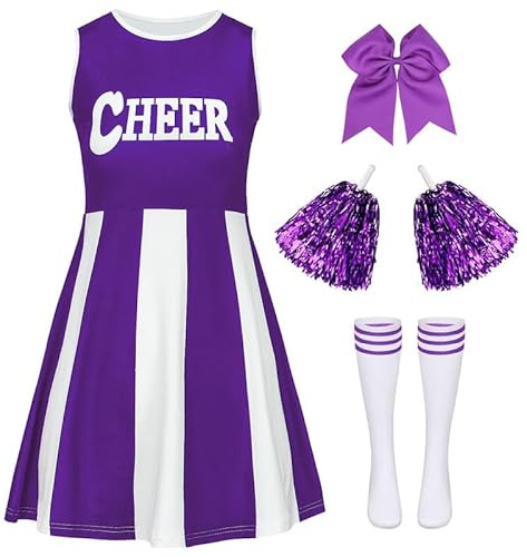 XFOZDM Cheerleader Kostüm Kinder Mädchen Cheerleader Kostüm Outfit Cheerleading Uniform Kleid mit Haargummi Pompoms und Socken Faschingskostüme Kinder Karneval Halloween Party Lila 160