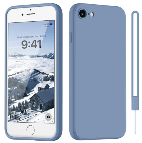 HGH für iPhone SE 3/2 (2022/2020), für iPhone 8/7 Hülle Silikon mit Lanyard, Handyhülle für iPhone 8/7/SE 3/2 Dünn Rundumschutz mit Microfiber-Innenfutter Kratzfest Case 4.7 Blau Grau