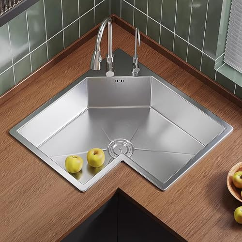 Eckspüle Küche aus Edelstahl 304, Einbauspüle, Küchenwaschbecken mit Ausziehbarer Armatur und Ablaufgarnitur, Geeignet für Privathaushalte, Bars und Hotels(Silver,55x55cm/21.6x21.6in)