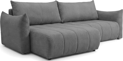 WFL GROUP Ecksofa mit Schlaffunktion & Bettkasten – Skandi 4-Sitzer Schlafsofa in L-Form – Freistehende Eckcouch, Ottomane Links oder Rechts Montierbar – Liegefläche 220 × 145 cm – Cordstoff Grau