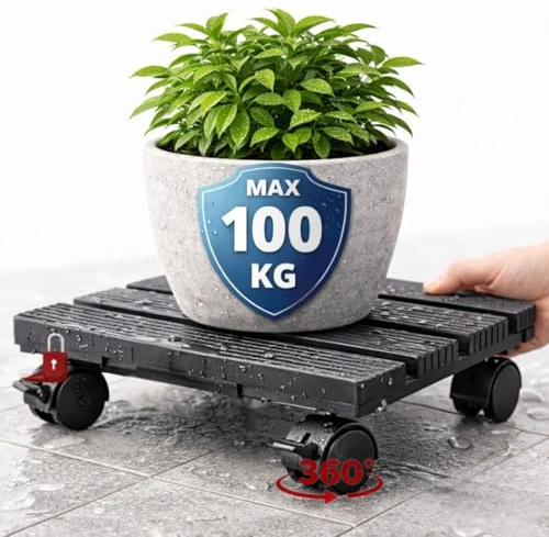 Pflanzenroller quadratisch 28 cm drehbar mit Bremsen, bis 100 kg belastbar, WPC Blumenroller wetterfest, Pflanzentrolley für schwere Blumentöpfe, Rollbrett Holzoptik, Pflanzenuntersetzer Balkon Garten