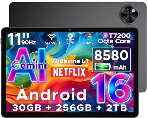 DOOGEETab U11 Pro Android 16 Tablet 11 Pollici, 30GB RAM+256GB ROM (2TB TF), Unisoc T7200 Octa Core Tablet PC, 8580mAh, 90 Hz Display, 13MP+5MP, WIFI 5 /Widevine L1/ GPS/Face ID/OTG,Nero