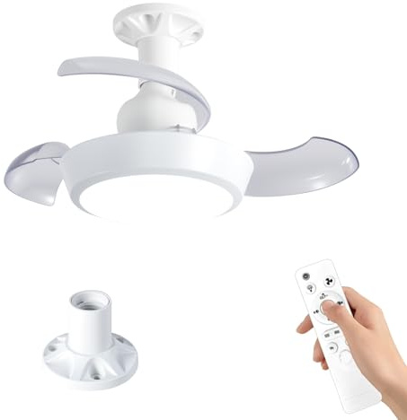 Ventilador de techo con luz LED y mando a distancia E27, Aspas retráctiles, 3 velocidades, 3 temperaturas de color, función temporizador de 1H/2H/4H, ventiladores de techo regulables silenciosos
