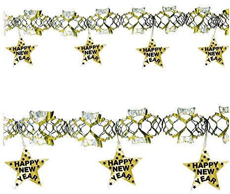 W WIDMANN MILANO Party Fashion 7901L - Girlande Happy New Year, Länge 3 Meter, Gold-Silber, holografische Folie, Sterne, Silvester, Neujahr, Party