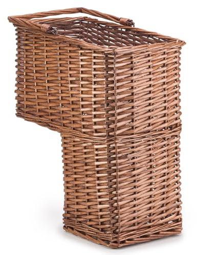 Woodluv L-Shape Large Wicker Step Basket With Insert Handle, Step Tidy Storage Basket, Bin for Laundry, Toys, Household Items, Staircase Storage Basket Organiser, Natural, 38 x 21 x 40 cm