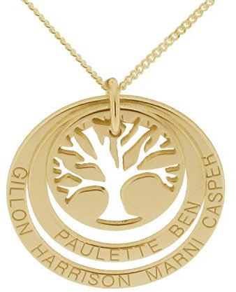 Personalised Solid 9ct Yellow Gold Family Tree of Life Pendant and Optional 1.3mm Wide Diamond Cut Curb Chain In Gift Box (available in 16 to 24)