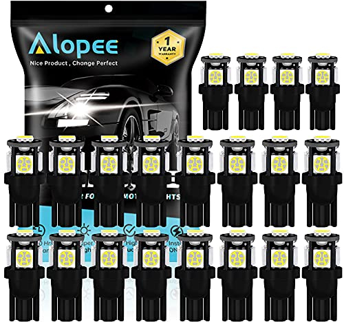 Alopee W5W 501 LED Bulbs White 12V 5SMD 5050 Chips 6500K T10 Led Car Replacement Bulbs for Map Dome Courtesy Number Plate Dashboard Side Marker Light (20 Pack)