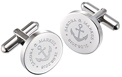 Mondgold Runde Manschettenknöpfe aus Edelstahl mit Anker Gravur, Personalisiert mit Namen und Datum, Anzug Accessoires, Herren Schmuck