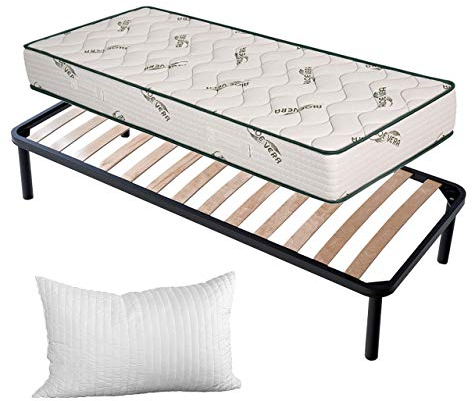 Evergreenweb Set Bett Lattenrost + Matratze 90x200 cm + Memory Kissen KOSTENLOS, Orthopädisch, Härtegrad H2/H3 mit Massageeffekt Aloe Vera Bezug, Verstärkte Bettgestell, 4 Abnehmbar Füße