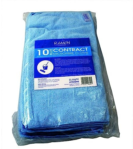 Ramon Hygiene Contract 10 Microfibre Cleaning Cloths, 40x40cm, Janitorial, Bars, Pubs, Kitchens, Bathrooms, Blue
