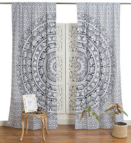 Popular Handicrafts Indischer Hippie-Vorhang, Bohemian-Stil, Elefant, Mandala, Schwarz und Weiß