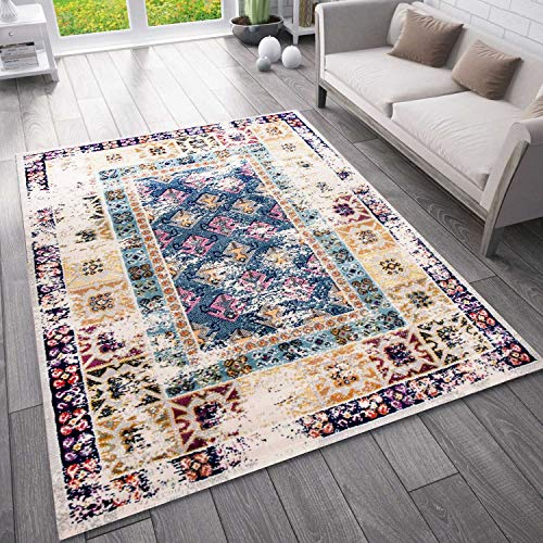 VIMODA Teppich Vintage Orient Wohnzimmer Kurzflor Blau Terra Creme, Maße:120x170 cm