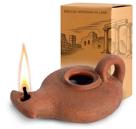 Biblical Herodian Oil Lamp with Handle - Glazed Clay Replica in Gift Box with Scripture Card - Historical Christian & Judaica Decor