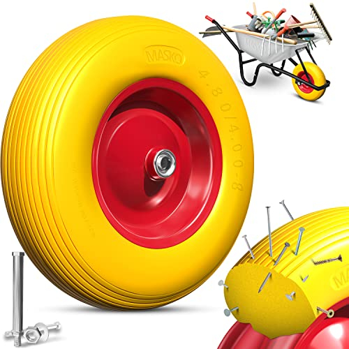 MASKO® PU Schubkarrenrad Vollgummi 200 kg 4.80/4.00-8 Ø 390mm Achse Ersatzrad Gummirad Stahlfelge Reifen pannensicher für Schubkarre Gartenkarren pannensicheres PU Rad inkl. Handschuhe, Gelb/Rot