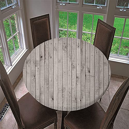 Chickwin Runde Tischdecke Wasserdicht Lotuseffekt Abwaschbar mit Elastische Kante, 3D Holzoptik Muster Runde Tischtuch aus Polyester für Küche, Restaurant, Garten (Grau,150cm)