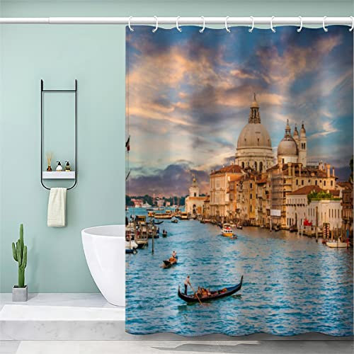 NUYSP Duschvorhang Venedig, Italien Anti-Schimmel Wasserabweisend Duschvorhänge 180x200 cm mit 12 Hooks 100% Polyester 3D Motiv Sonnenuntergang Badvorhang Badewanne Vorhang für Badezimmer