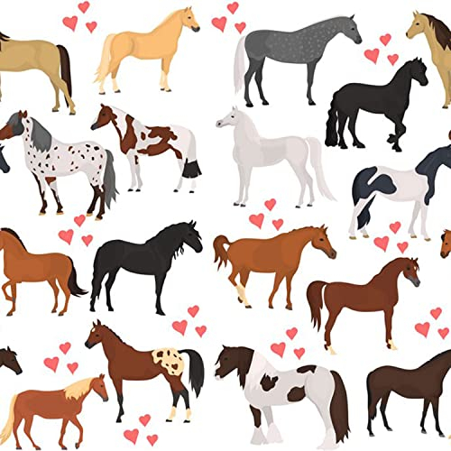Pferde stoff Bauernhof Stoff Meterware Kinder Jungen Mädchen süßes Tier dekor Stoff Cartoon Pferde mit rosa Liebhaber Herz Dekor Cowboy Cowgirls wasserdichter Stoff zum Selbermachen 276x150 (HxB)