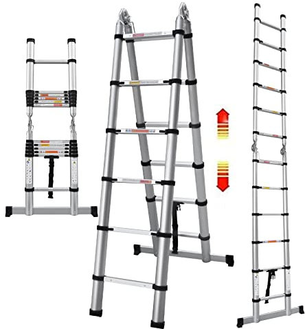 VickyHome Telescoping Ladder, Portable Telescopic Extension 3.8M(1.9M+1.9M) Tall Multi Purpose Loft Ladder, Stainless Steel Frame Folding Retractable Ladder w/ Adjustable Step Outdoor Indoor Use