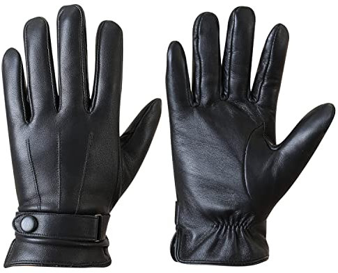 MaxW Herbst Winter Herren Leder Handschuhe Schwarz Schafsfell Handschuhe mit Schnallen Weich Warm Touchscreen Fahren Radfahren Fäustlinge Futter aus Kaninchenfellimitat M