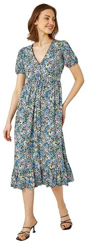 Roman Originals Animal Print Lace Trim Midi Dress for Women UK - Ladies Everyday Holiday Spring Summer V Neckline Comfy Soft Evening Vacation Work Party - Blue - Size 10