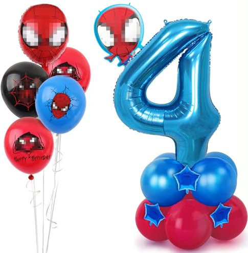 Topeedy 40 Blue Number 4 Balloon and Spider Theme Birthday Decoration for Spide-rman Theme Party