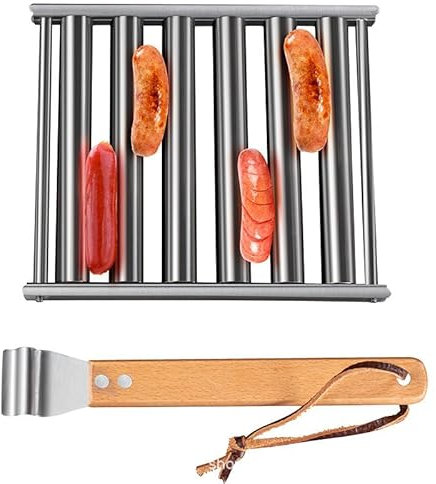 BBQ Wurstroller Grill Hot Dog Roller Rack Hot Dog Roller Wurstgrill Grillroller Wurstregal Grill mit Holzgriff (1)
