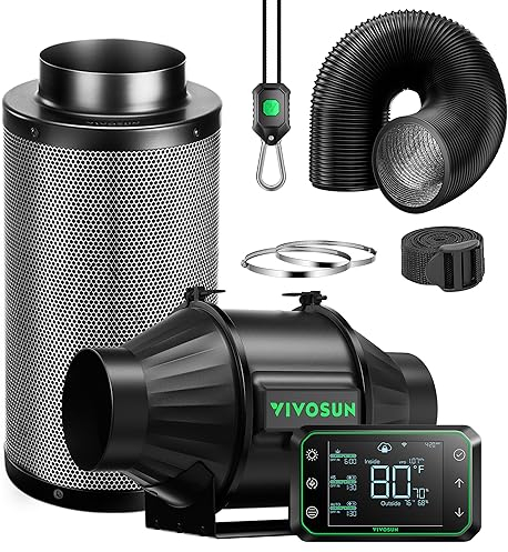 VIVOSUN Kit Smart Air Filtration PRO T4 da 10,2 cm, AeroZesh T4 con Ventola in linea con GrowHub E42A Temp. Controllo Dell'umidità, Filtro a Carboni attivi e Canalizzazioni, sistema di Raffreddamento