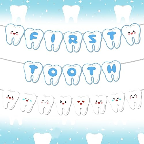 Banner für den ersten Zahn, blaue erste Zahn Party Dekoration mit Buchstaben First Tooth Banner, Lächeln Zähne Muster Kranz, für Zahnparty, Halber Geburtstag, Babyparty