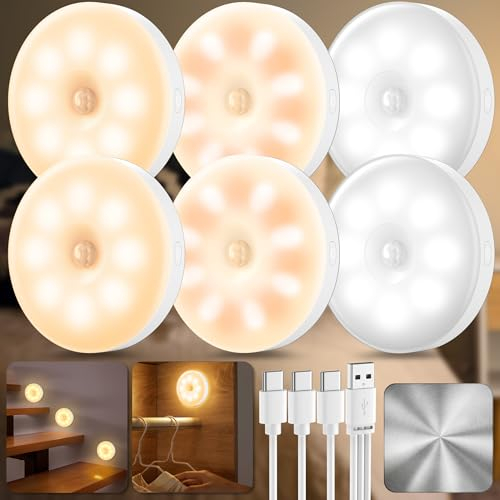 daphomeu 6 Stück Nachtlicht mit Bewegungsmelder USB Wiederaufladbar, Lampe mit Bewegungsmeld Innen, LED Treppenbeleuchtung Schrankbeleuchtung, 3 Modi Licht für Flur, Treppe, Küche, Schrank