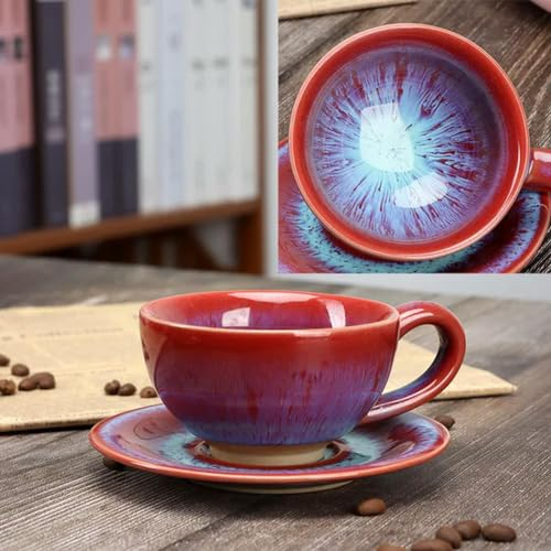 SOZY Tazas de café de cerámica gruesa de 150 ml, tazas de café hechas a mano con café y platillos para tazas