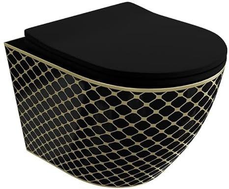 LAVITA Wand-WC Sofi Slim Black Night Hänge Toilette WC Sitz Colordeckel mit Absenkautomatik & Metallscharniere Color Spülrandlos Hängend Colorbecken 365x490x395 mm Schwarz/Gold
