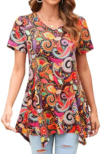 Enmain Camiseta Mujer Manga Corta Top Túnica Larga Cuello de Pico Blusa Elegante y Cómoda Talla Grande Tops Estampadas T Shirt para Mujeres,Orange,XL