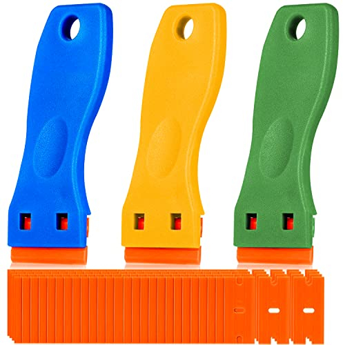 Zepitniy Rascador de Plástico 3 Piezas Mini Rasqueta con 100 Cuchillas de Plastico Raspador de Ventana Raspador de Vidrio Rasquetas para Raspar Etiquetas Calcomanías Calafateo Pintura de Vidrio