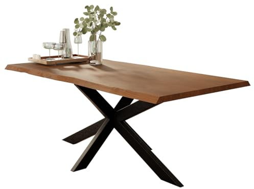 Liadomo Esstisch 140x80 Isa Nuss, Baumkantentisch, Akazie Massivholz Tisch, 26mm Tischplatte Lackiert, Robust & Pflegeleicht, Unikat, Spider-Gestell Metall schwarz