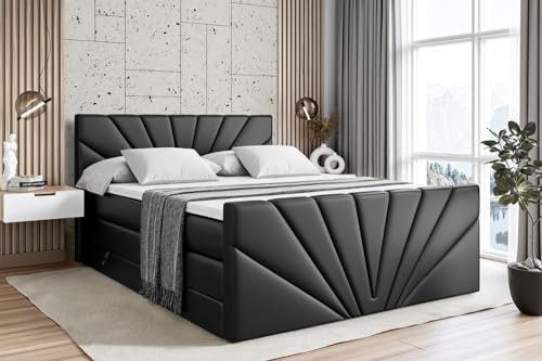 ALTDECOR Boxspringbett mit Matratze und Lattenrost, Topper, Fußteil,Polsterbett mit Bettkasten, Bett mit Stauraum H3- und H4- Matratze, Doppelbett -MILTIO-Z King -180x200 - Schwarz Kunstleder