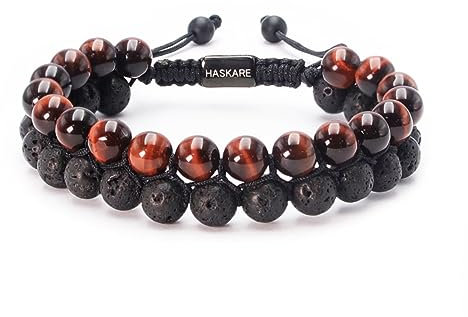 HASKARE Armband Stein Tigerauge Armband für Herren, Echte Steine Perlenarmband Rot Tigerauge Lava Doppelte Perlen Armbander für Männer 19cm, Handmade Energie Edelstein Armband aus für Ihn