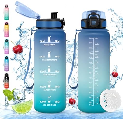 Gourde Sport, 1500ml, Sans BPA, Étanche & Réutilisable, Bouteille d'Eau avec Marqueur de Temps et Filtre, Convient Pour Enfant & Adulte, Sport, Yoga, Camping, Gym