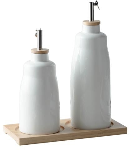 UDQYQ Lot de 2 distributeurs d'huile d'olive et de vinaigre en céramique de 420 ml et 280 ml avec plateau en bambou, 2 récipients à huile avec entonnoir et étiquettes.