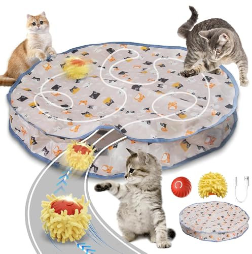 MEISHANG 2 In 1 Simuliertes Interaktives Jagdkatzenspielzeug,Jagd Katze Matte Spielzeug,Interaktives Katzenball,Power Ball 2.0 Katze mit Matte,Jagd Katzenspielzeug für Stimuliert Den Jagdinstinkt