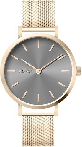 TORII Damenuhr Grau Edelstahl - rund Quarz L38LM.AL Milanaise-Armband Strichindizes wasserdicht 50 m