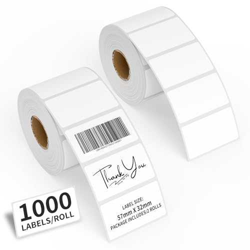 2 Rollen (2000 Stück) Selbstklebende Etiketten, 57 x 32 mm, Weiße Rechteckige Aufkleber, Beschriftbare Klebeetiketten für die Lebensmittelkennzeichnung, Gastronomie und Vorratsdosen