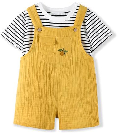 Volunboy Completi Estivi Bambino, Unisex Salopette/Tuta Corta + T-Shirt Completo 2 Pezzi Abbigliamento per 1-4 anni(Taglia 80,12-18 mesi,Giallo