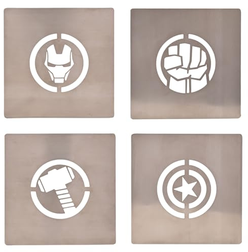Marvel Avengers Silver Metal Coasters | Set of 4 with Iconic Superhero Symbols – Modern Drink Coasters Featuring Iron Man, Thor, Hulk & Captain America Designs