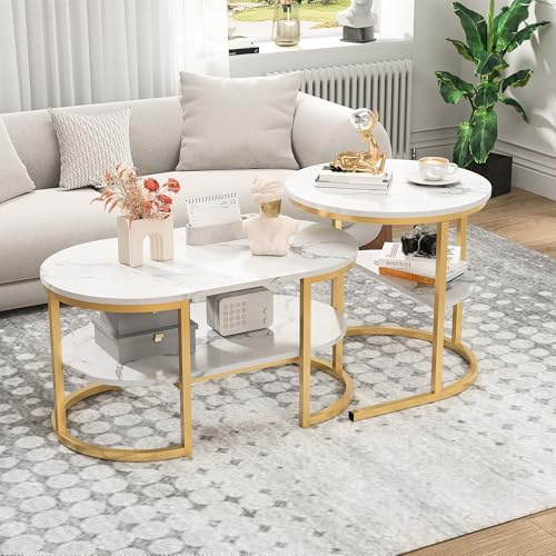 FEEOHOME Lot de 2 Tables Basses, Table d'appoint Ronde, Table Basse gigogne avec Espace de Rangement et Pieds métalliques rotatifs à 360°, pour Salon, Balcon (Doré)