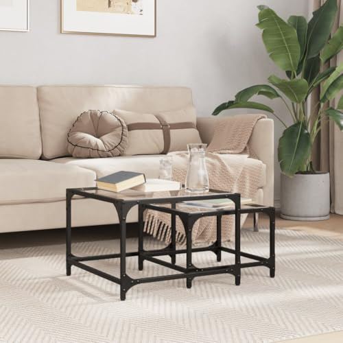 QUAHEAS Lot de 2 tables gigognes avec plateau en verre transparent, structure en acier, design moderne, polyvalentes pour salon et bureau